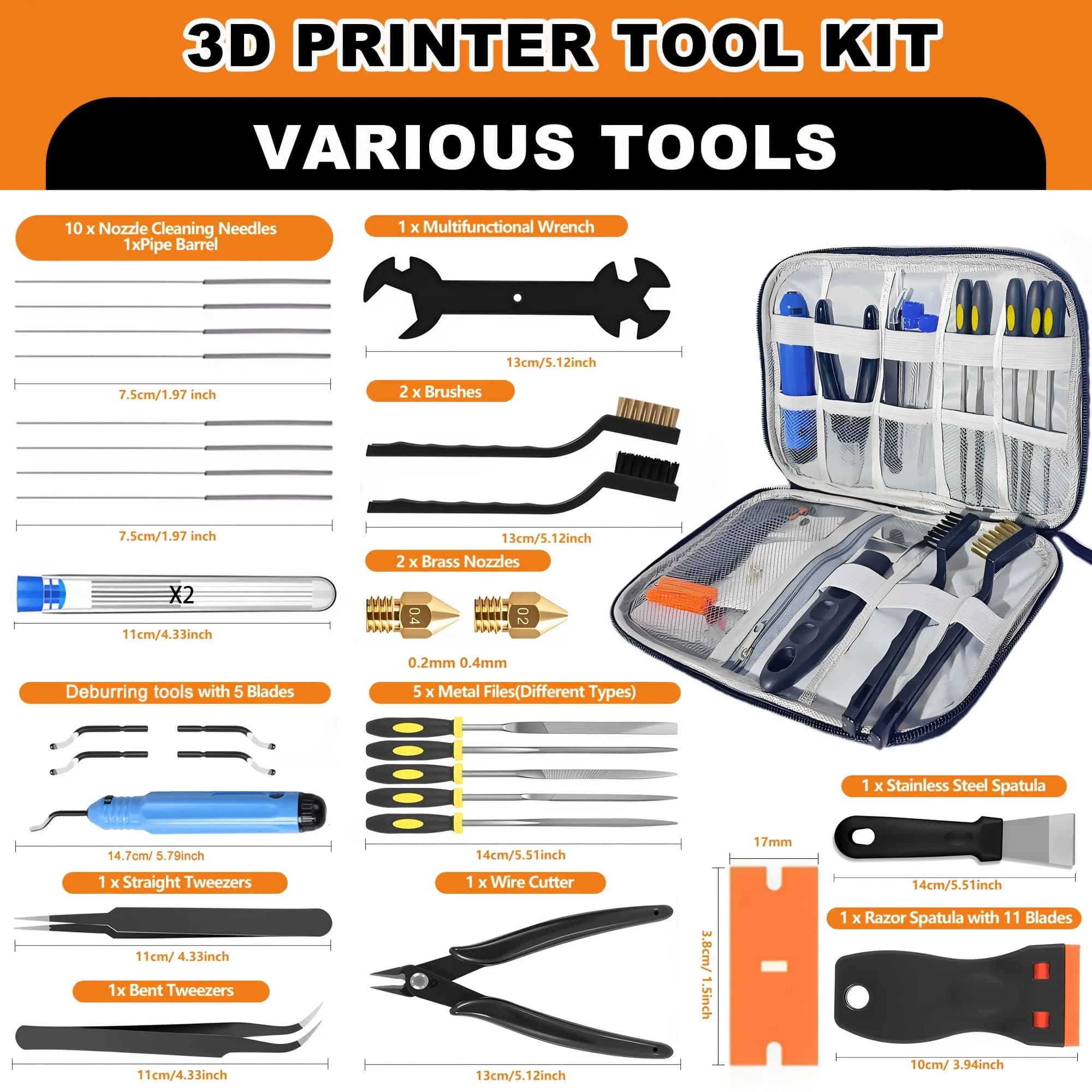 33-piece 3D printer tool kit, contents laid out