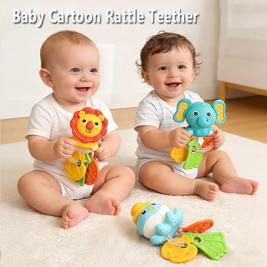 Baby Teething Rattle Toy, an Early Education Toy That Helps Develop Hand-Eye Coordination, Featuring Cute Cartoon Designs Like L