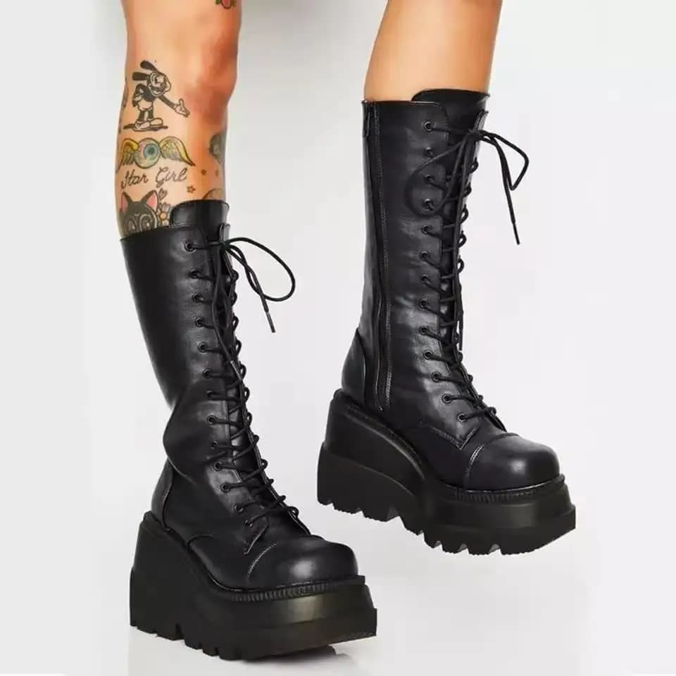 Women's Boots High-Top Fashion Boots with Slope Heel round Toe Waterproof Platform Spring Autumn PU Leather Boots