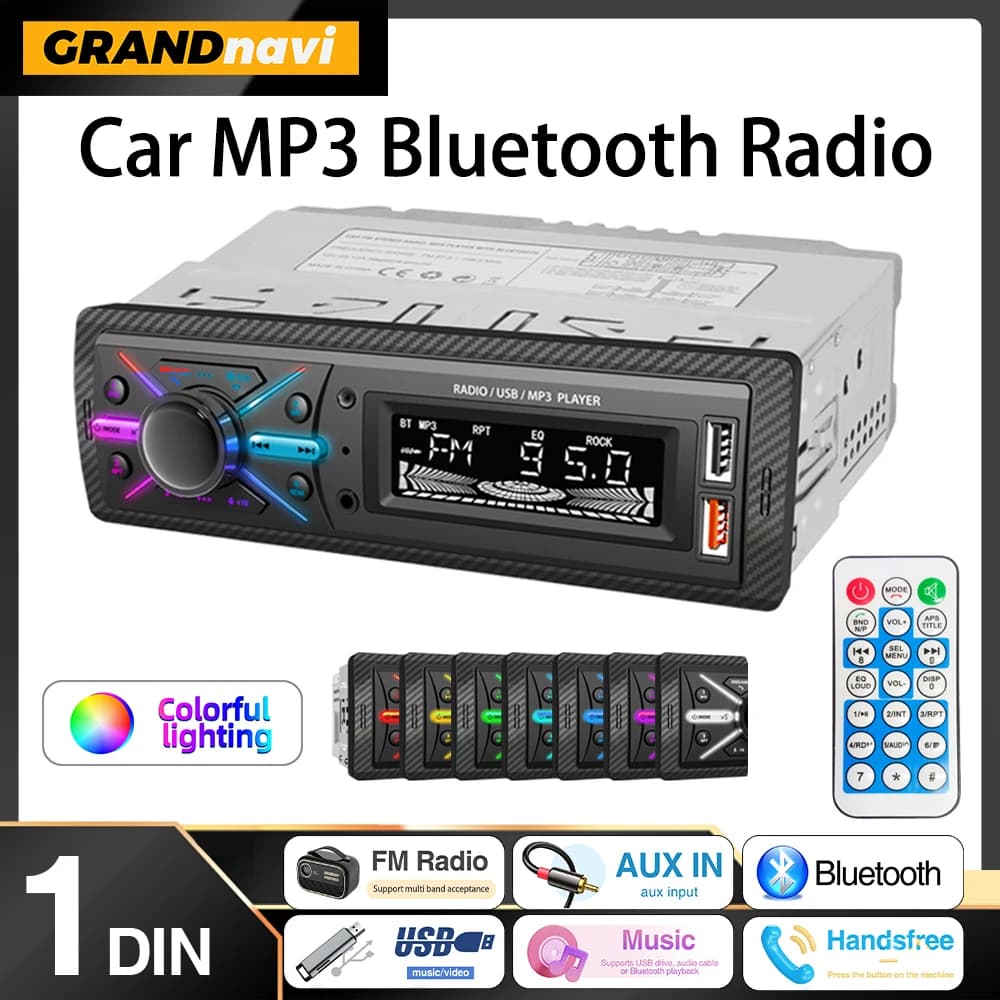 Car Radio 1din Stereo Multimedia MP3 Player Digital Bluetooth FM Audio Music Colorful RGB Light With USB In Dash AUX Input