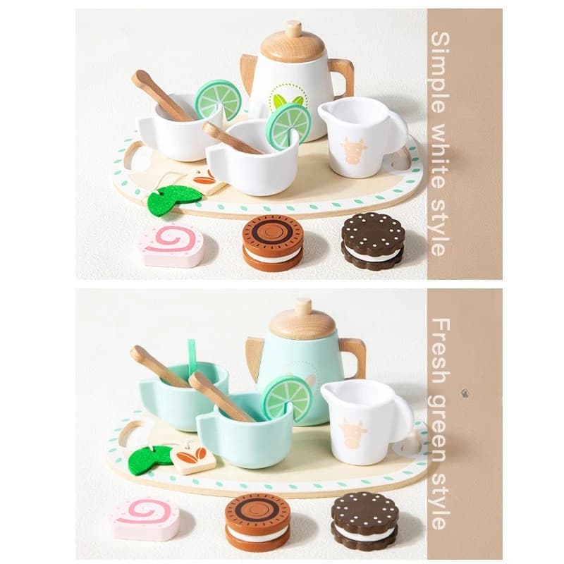 Kids Wooden Educational Toys Pretend Play Tea Dessert Set Role Play Game for Kindergarten Toddlers