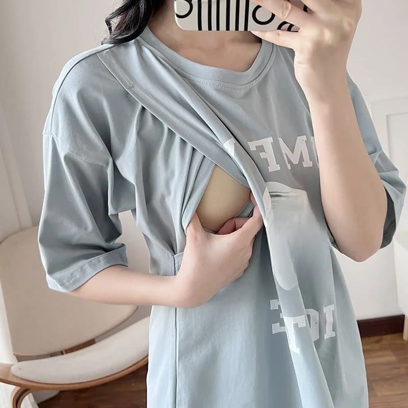 Maternity Nursing T-Shirt Short Sleeve Midi Length Postpartum Clothing Comfortable Breathable Polyester for Summer Pregnancy