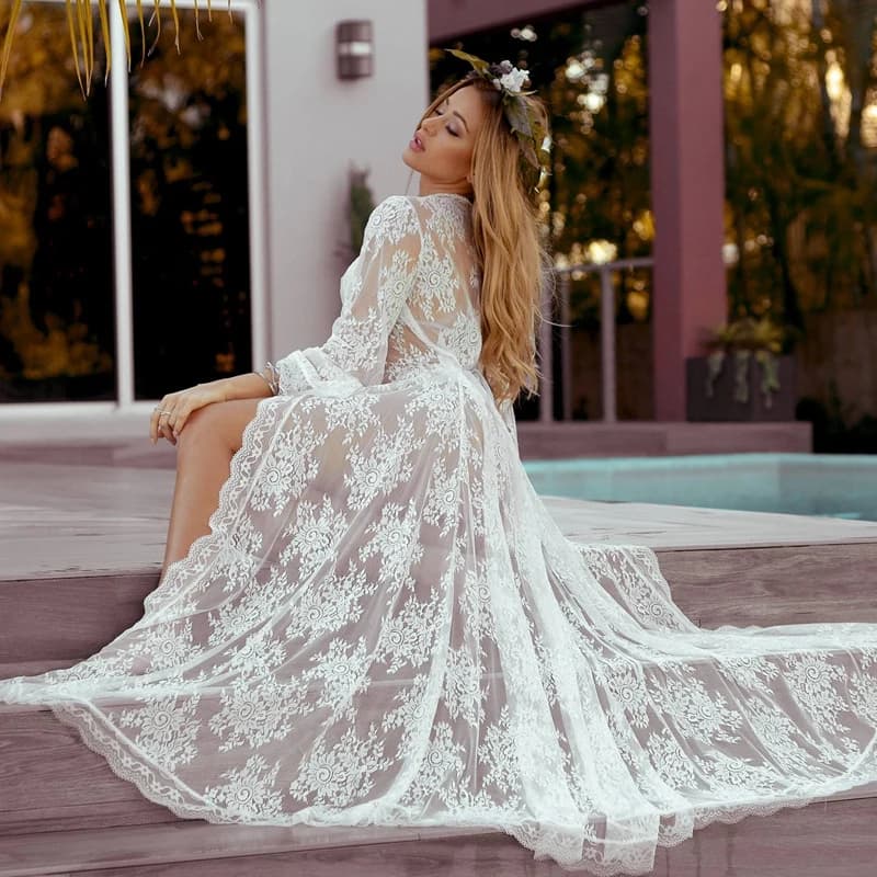 Women Bathrobes Long Nightgowns Lace Sheer Dress White Bridesmaid Robes Femme Sleepwear Kimono Bride Lingerie Porno Nightwear