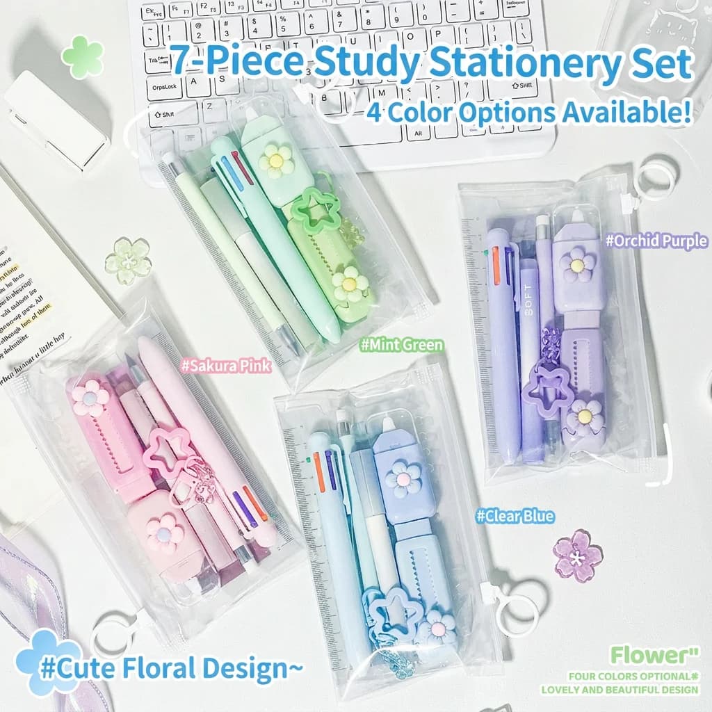 7-Piece Multifunctional Student Stationery Set Cute Aesthetic Back to School Supplies Kit for Note Taking Daily Study Prize
