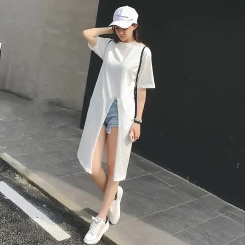 Women T-shirts 2023 Summer Short Sleeve O Neck Loose Tees Hem Slit Solid Color Chic Casual Streetwear Tops