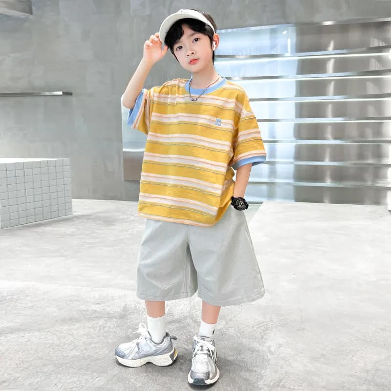 Boys Summer Outfit Set Striped Short Sleeve Sporty Thin Cool Casual Children's Clothing Two-Piece Set for Ages 4-17