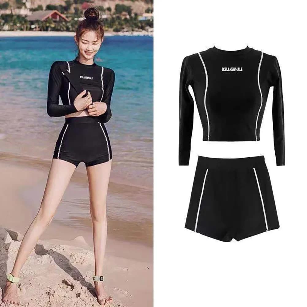 Two-Piece Women's Swimming Suit Ladies Patchwork Long Sleeve Swimwear Sports Pool Beachwear Two Piece Swimsuit With Shorts