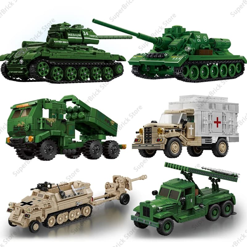 Military Weapons World War II Tanks Military Armored Vehicles Field Ambulances Army Trucks Model Building Bricks Blocks DIY Toys