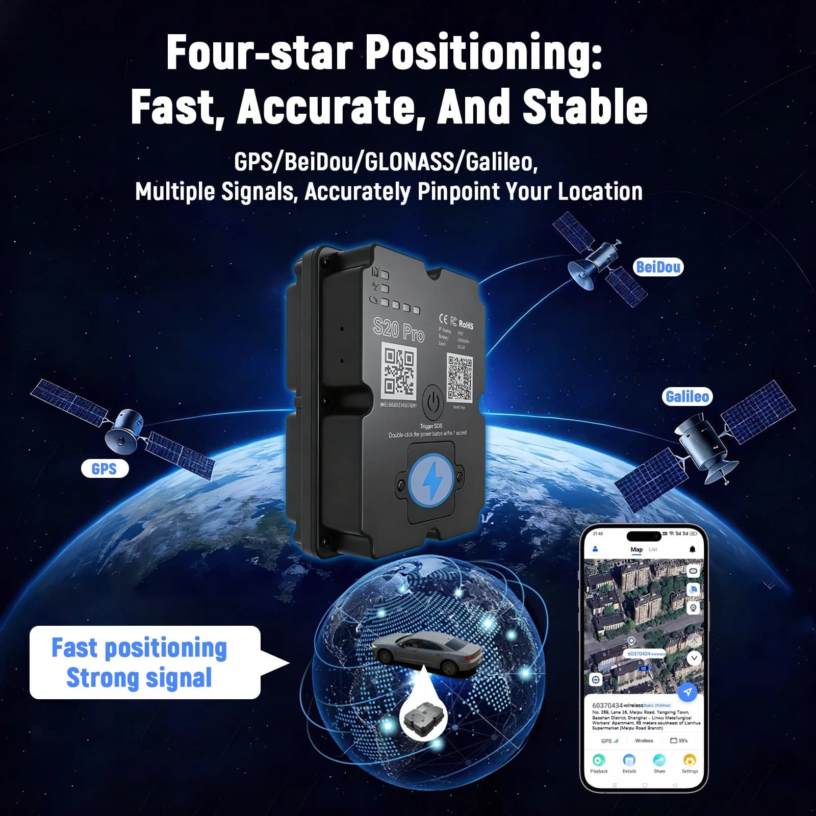 4G GPS Tracker For Vehicle 7500mAh Long Battery Strong Magnetic 4-Star Positioning IP67 Waterproof Multiple Alarms Anti-theft