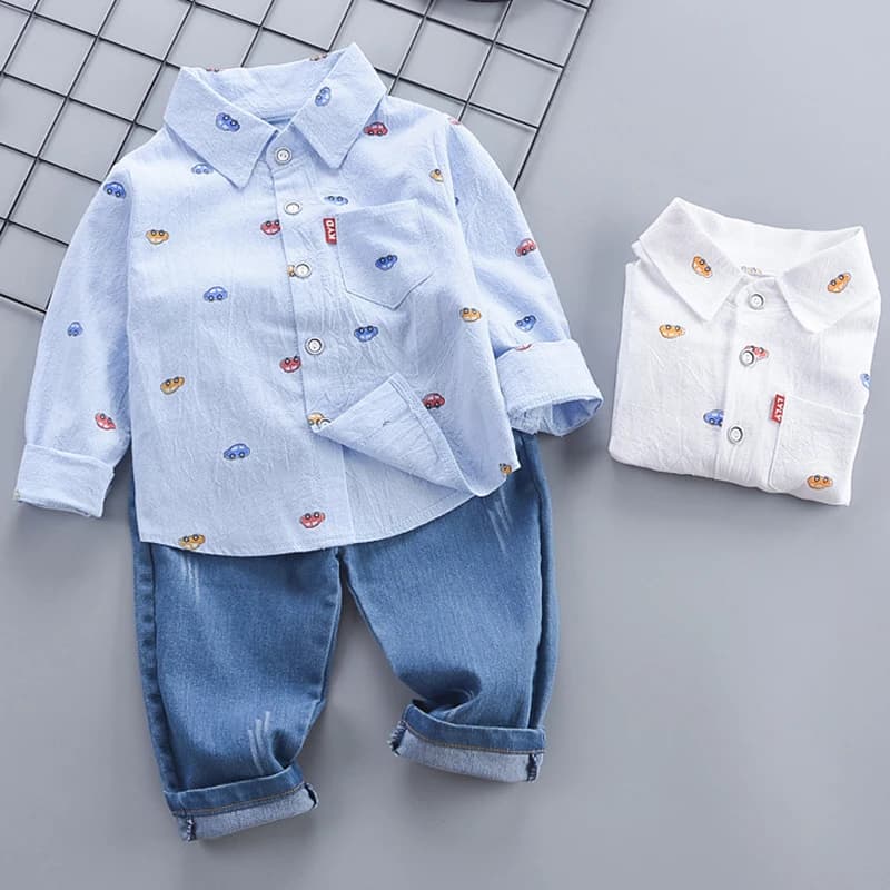 Baby Boys Clothing Set Spring Autumn New Full Print Cartoon Car Long Sleeve Shirt+Jeans 2Pcs For 1-4 Years Kids Casual Outfit