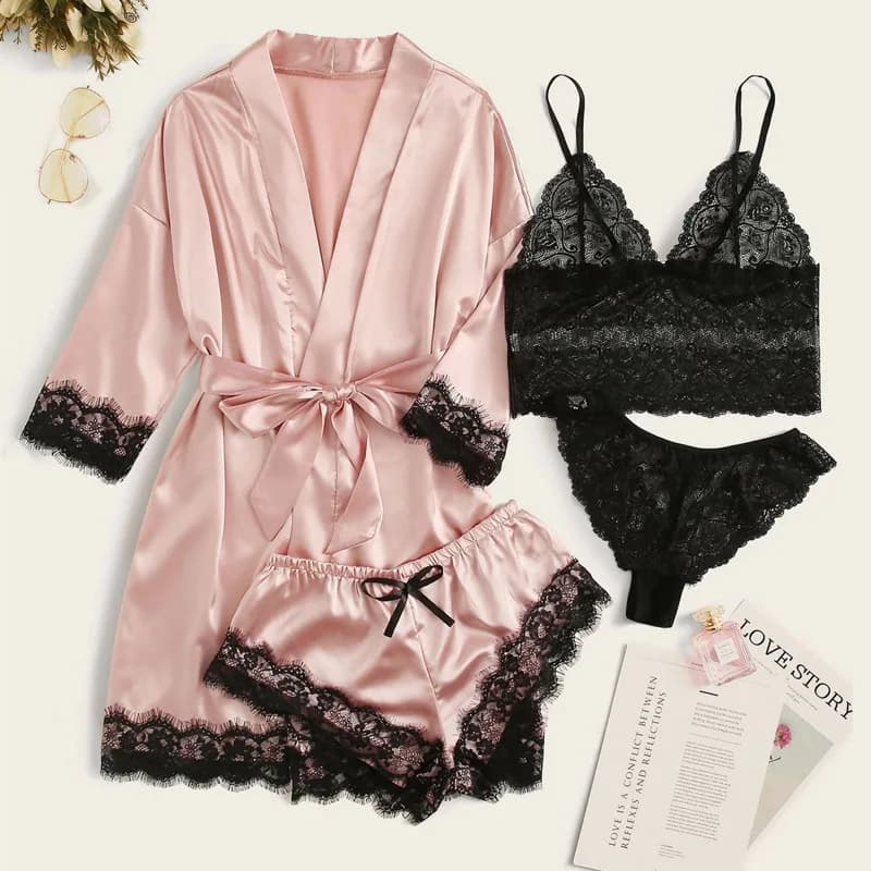 Sexy Women Home Dressing Gown Lingerie Lace Patchwork Satin Robe Set Nightwear Casual Sleepwear Kimono Bathrobe Home Nightdress