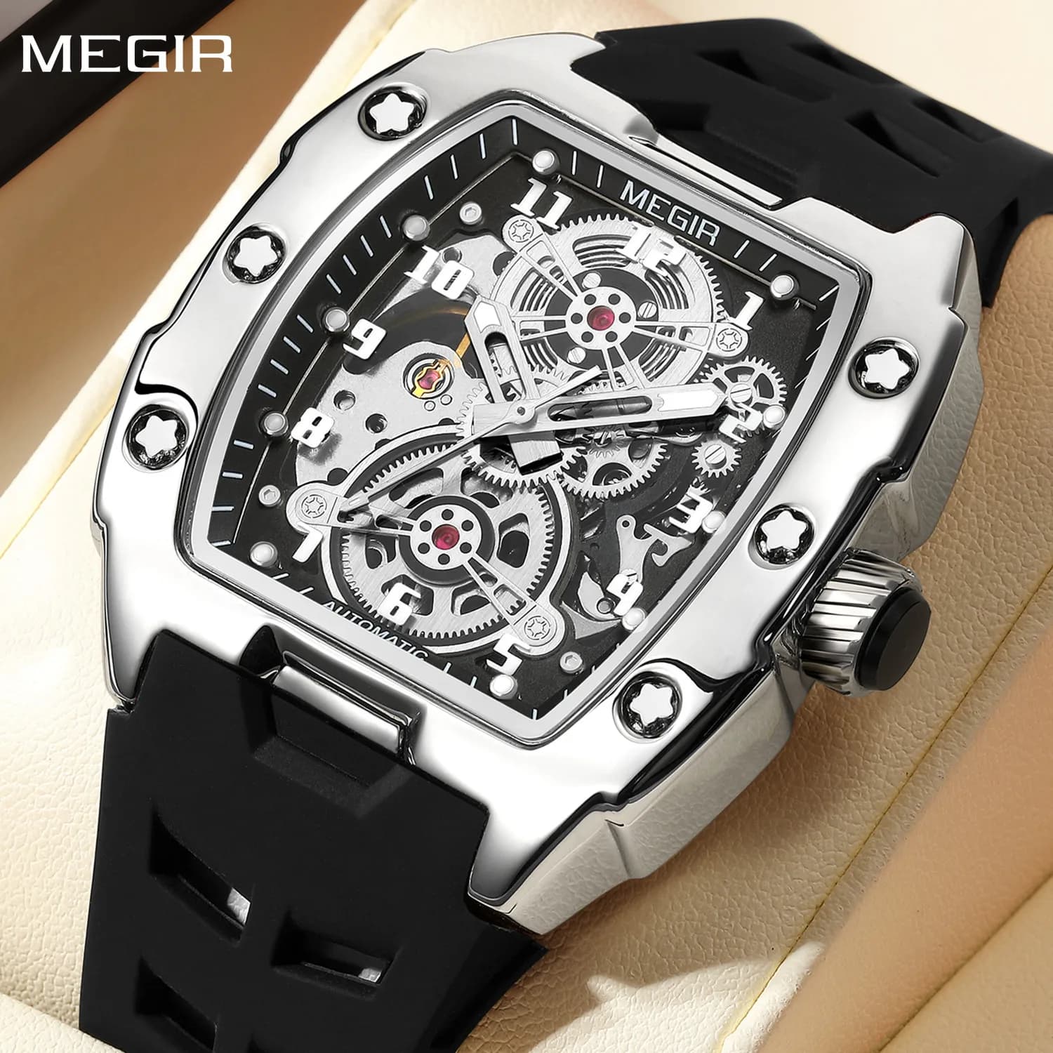 MEGIR Automatic Mechanical Watches for Men 43MM Tonneau Skeleton Dial Man Wristwatch Waterproof Luminous Male Clock Reloj Hombre