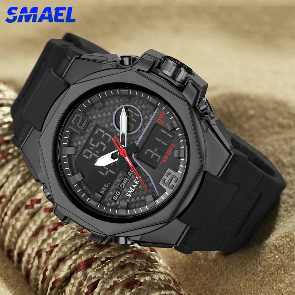 SMAEL Dual Display Digital Watch for Men Waterproof Outdoor Sports Stopwatch Alarm Waterproof Quartz Electronic Wristwatches