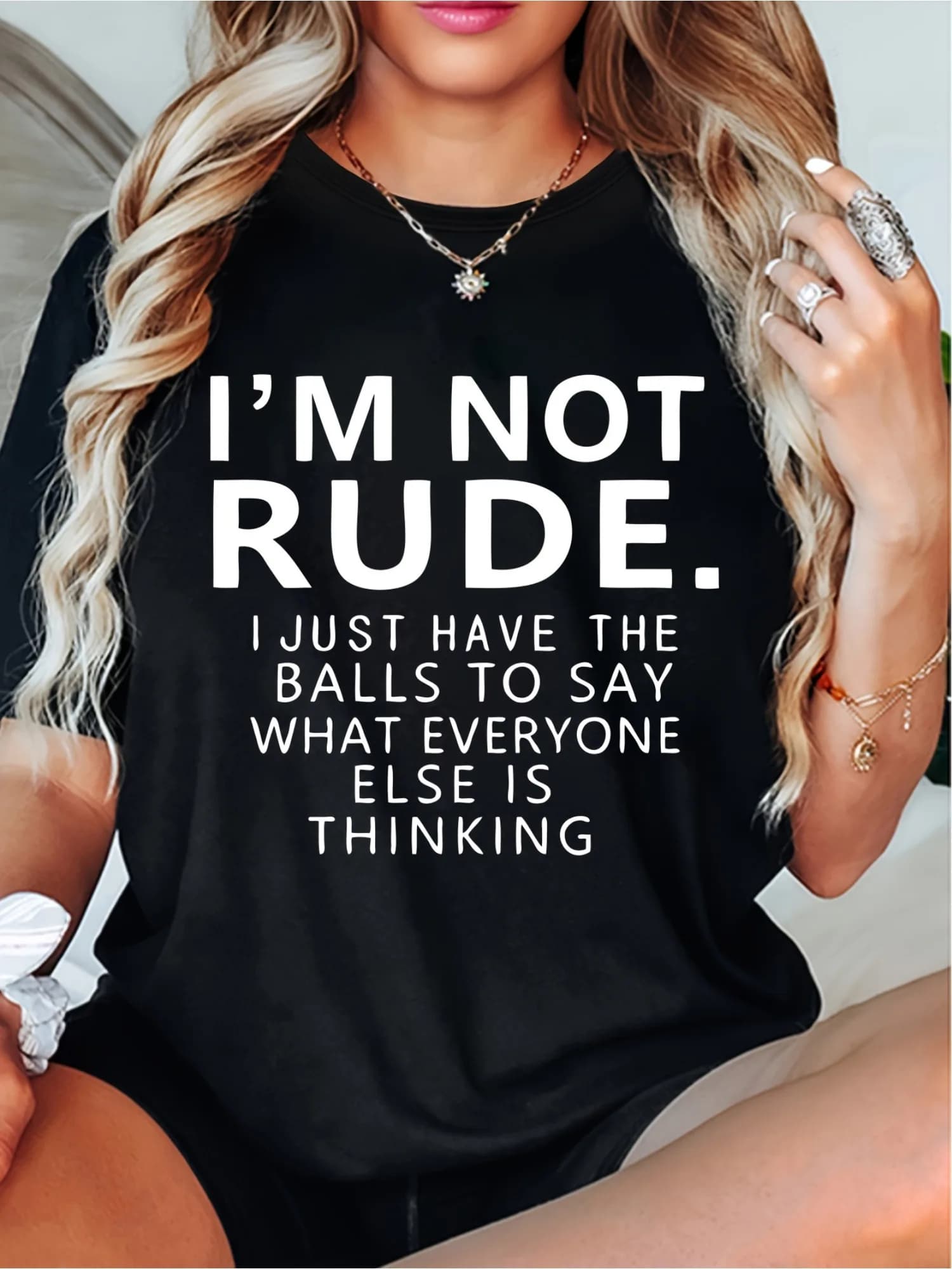 Women'S T-shirt Simple Design Showing Natural And Elegant Style Fashion I'm Not Rude Letter Printed Casual Soft Round Neck Top
