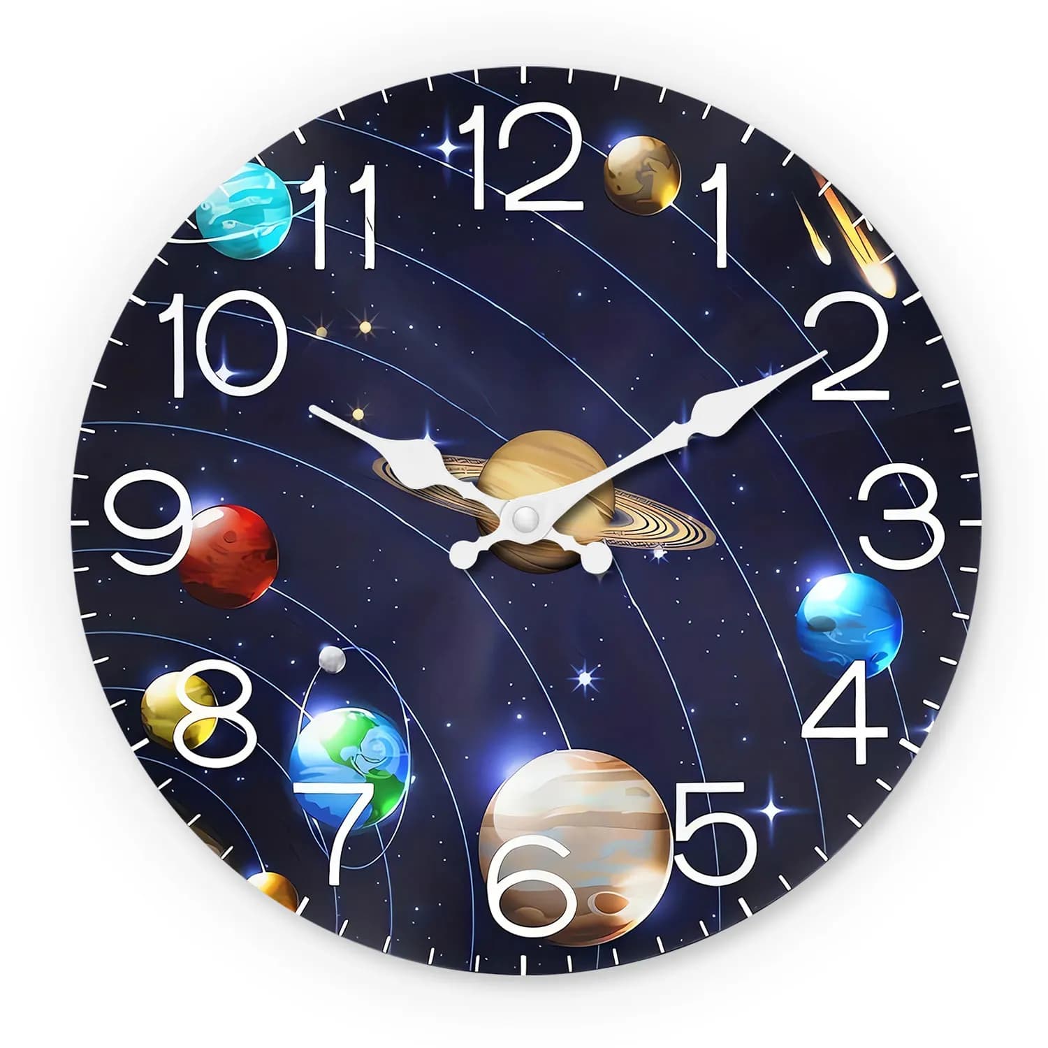 Wooden Wall Clock with Universe and Planet Motifs, 10-14inch Silent Wall Clocks, Aa Battery Powered, Suitable for Living Room, Bedroom, Office, Valentine's Day, Carnival, Ramadan, (Battery Not Include
