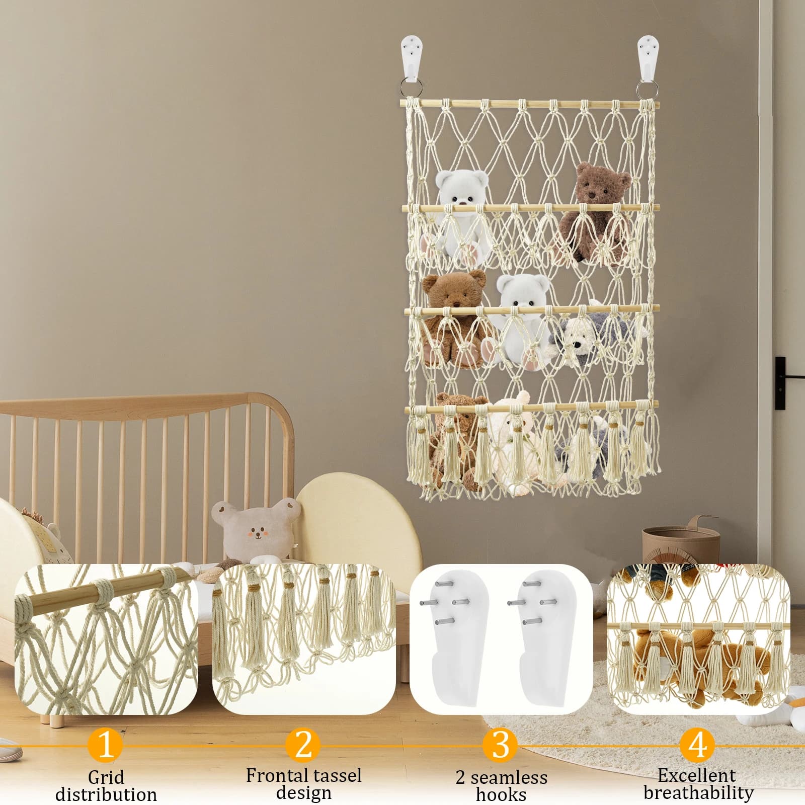 Stuffed Toy Storage Rack Handmade Woven Cotton Rope Decoration Wall Hanging Organizer Multi-layer Simple Hammock Storage Net Bag
