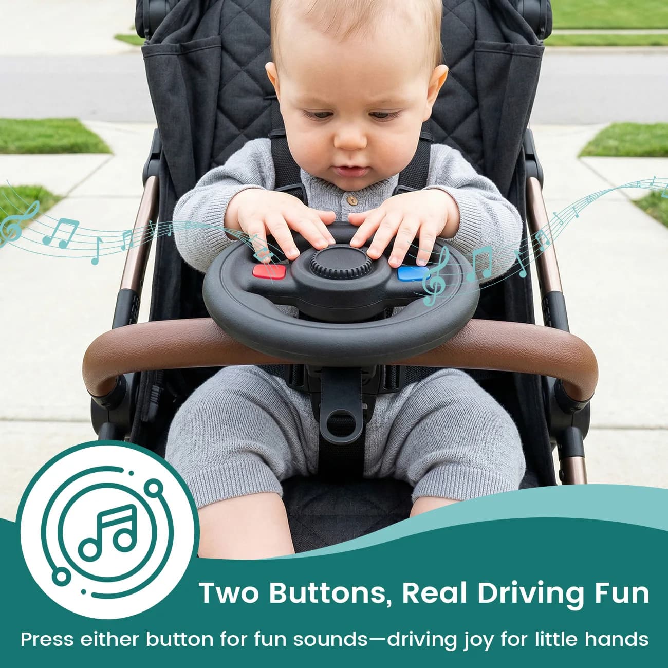 Baby Stroller Steering Wheel Toy, Musical Simulation Driving Toy with Horn Sound, Adjustable Mount 360° Rotatable Toddler Preten