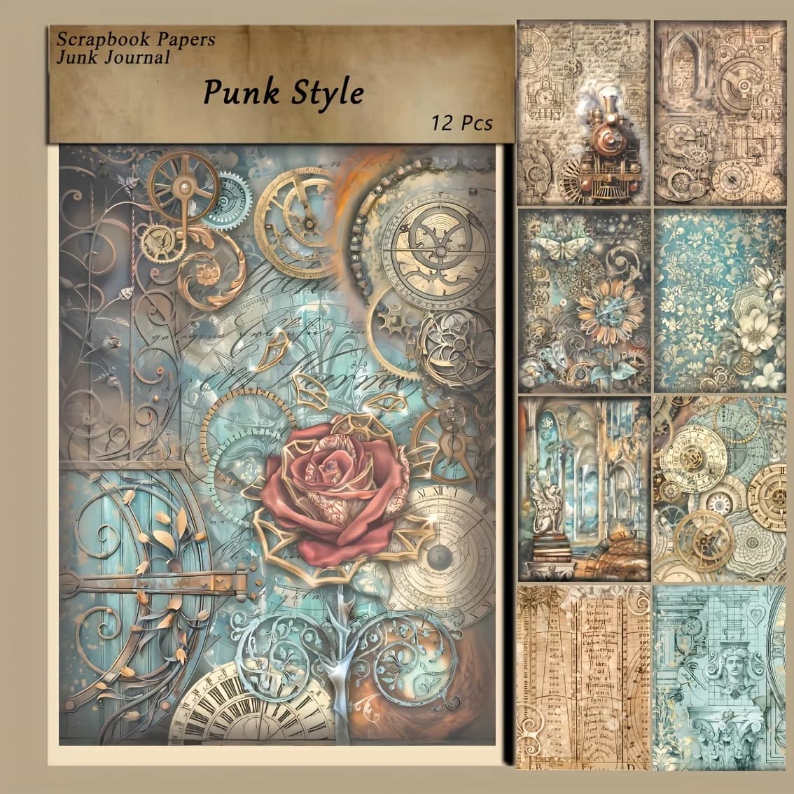 12 Sheets Punk Style Scrapbook Paper Scrapbooking Supplies Craft Paper For Junk Journal Card Making DIY Art Crafts Collages
