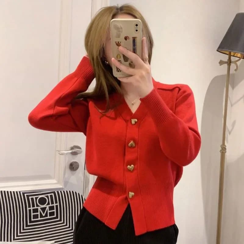 Women's Cardigans Loose Red V Neck Ladies Knit Sweaters Spring Autumn Long Sleeve Harajuku Fashion 2025 Light Elegant Jackets