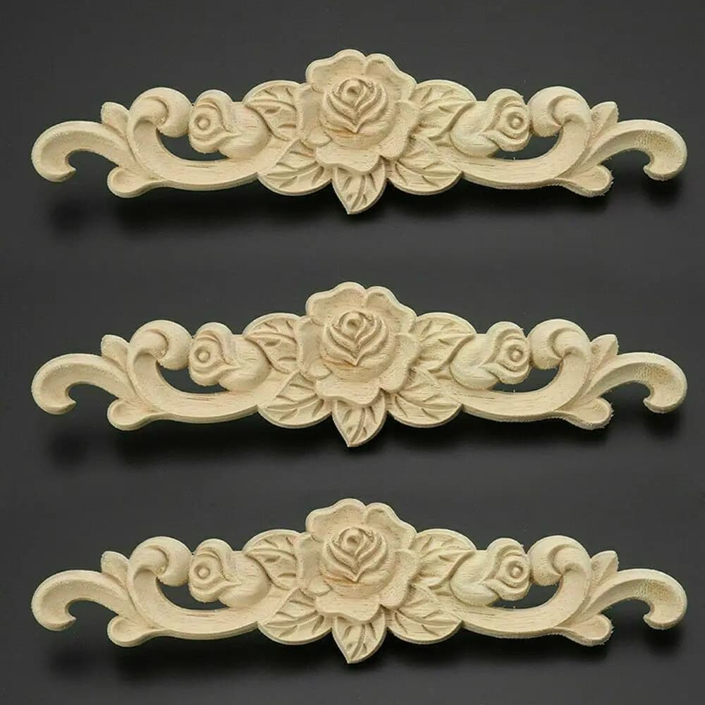 Natural Floral Wooden Carved Applique Wooden Figurines Crafts Corner Frame Appliques Frame Wall Door Furniture Woodcarving Decor