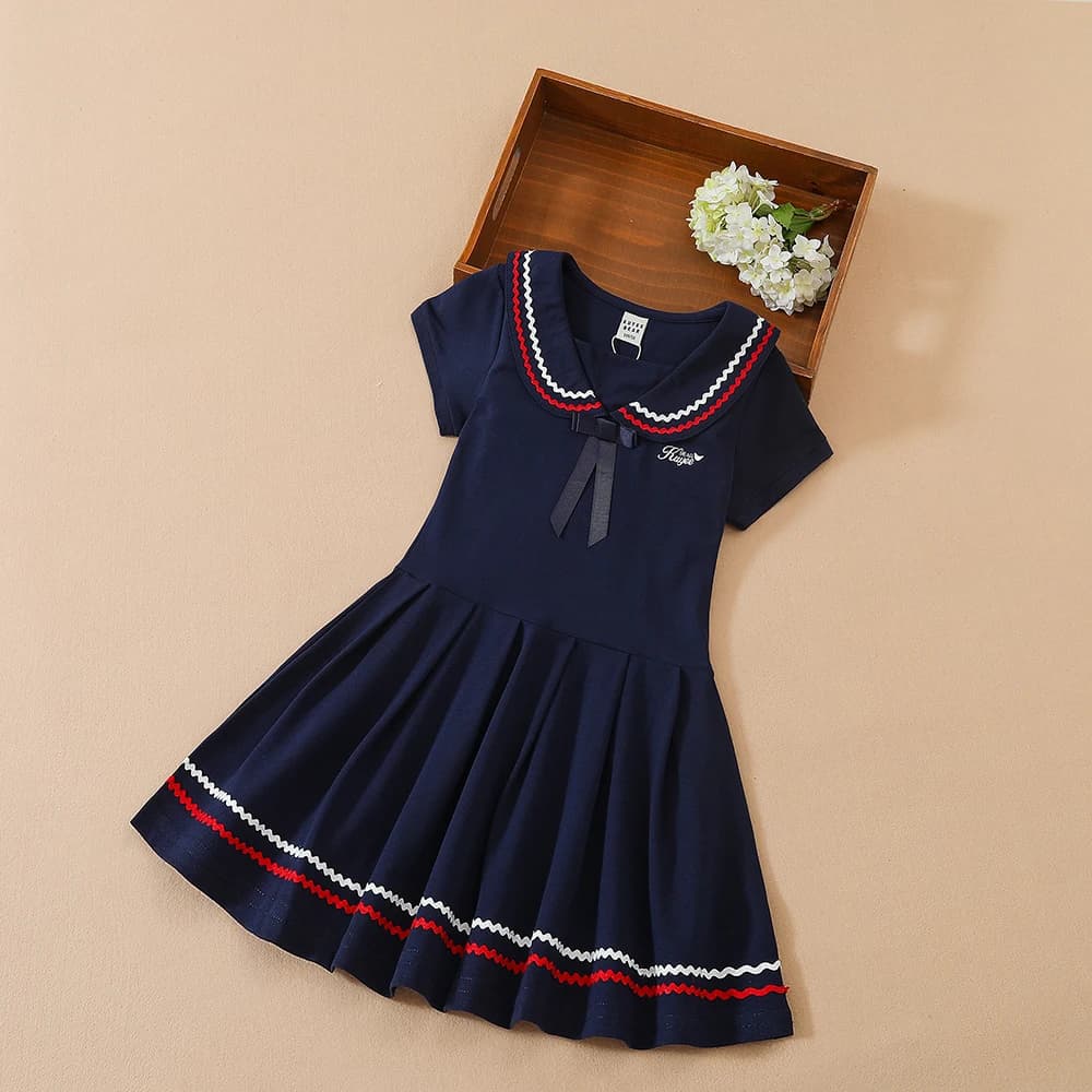 Girls Dress School Uniform Turn-down Collar Dresses 5-12 Years Children's Preppy Clothing Kids Summer Short Sleeves Clothes