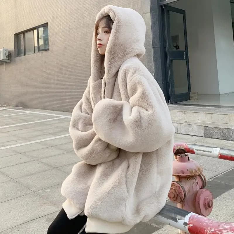 Women Hooded Faux Fur Coat Elegant Luxury V-neck Long Sleeve Fluffy Outerwears Lady Fashion Winter Daily Highstreet Jackets