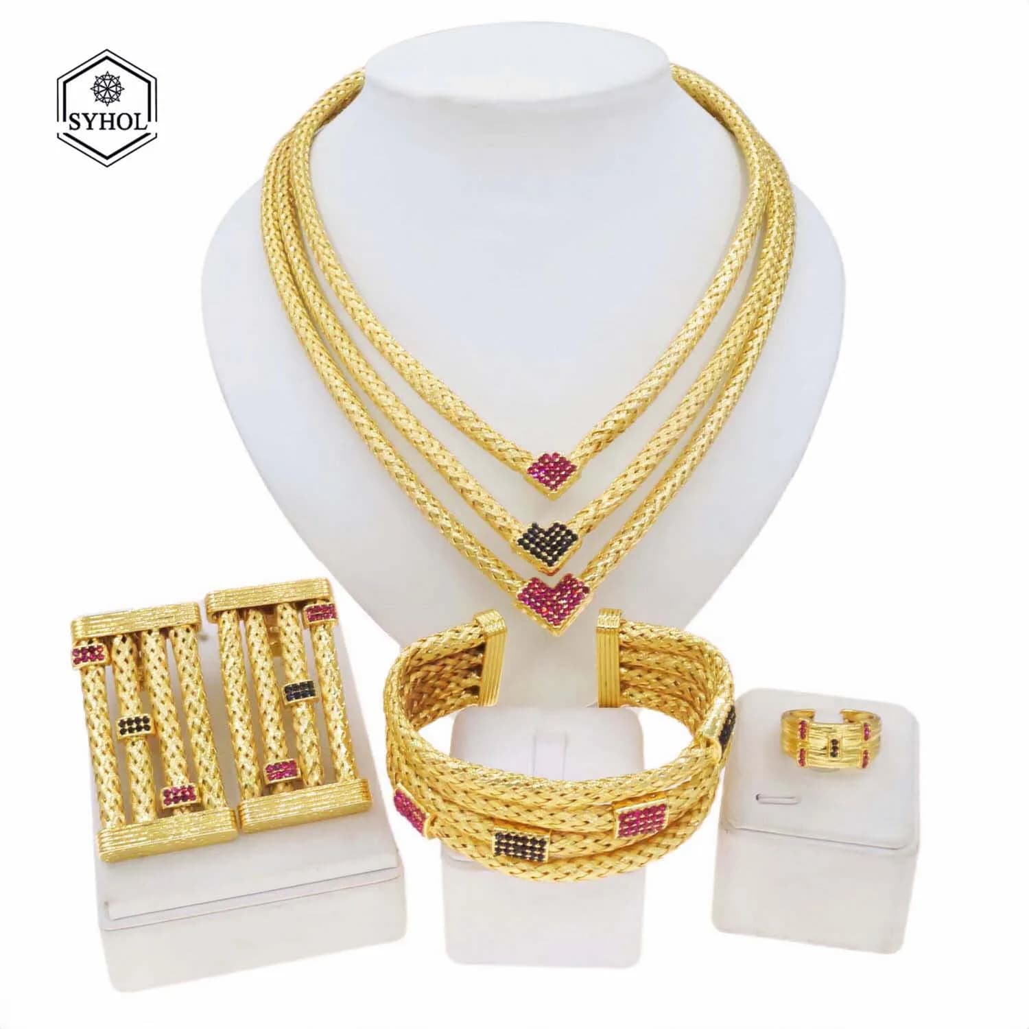 Gold Plating Jewelry 24k Original Women's Luxury Colorful Gold Plated Necklace Square Earrings Bracelet Luxury Wedding Bijoux