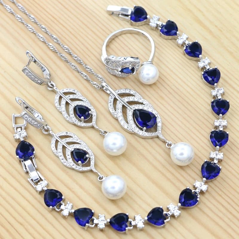 925 Silver Jewelry Set For Women Engagement Gift Blue Stone White Pearl Heart Shape Bracelet Necklace Pendant Earrings Open Ring