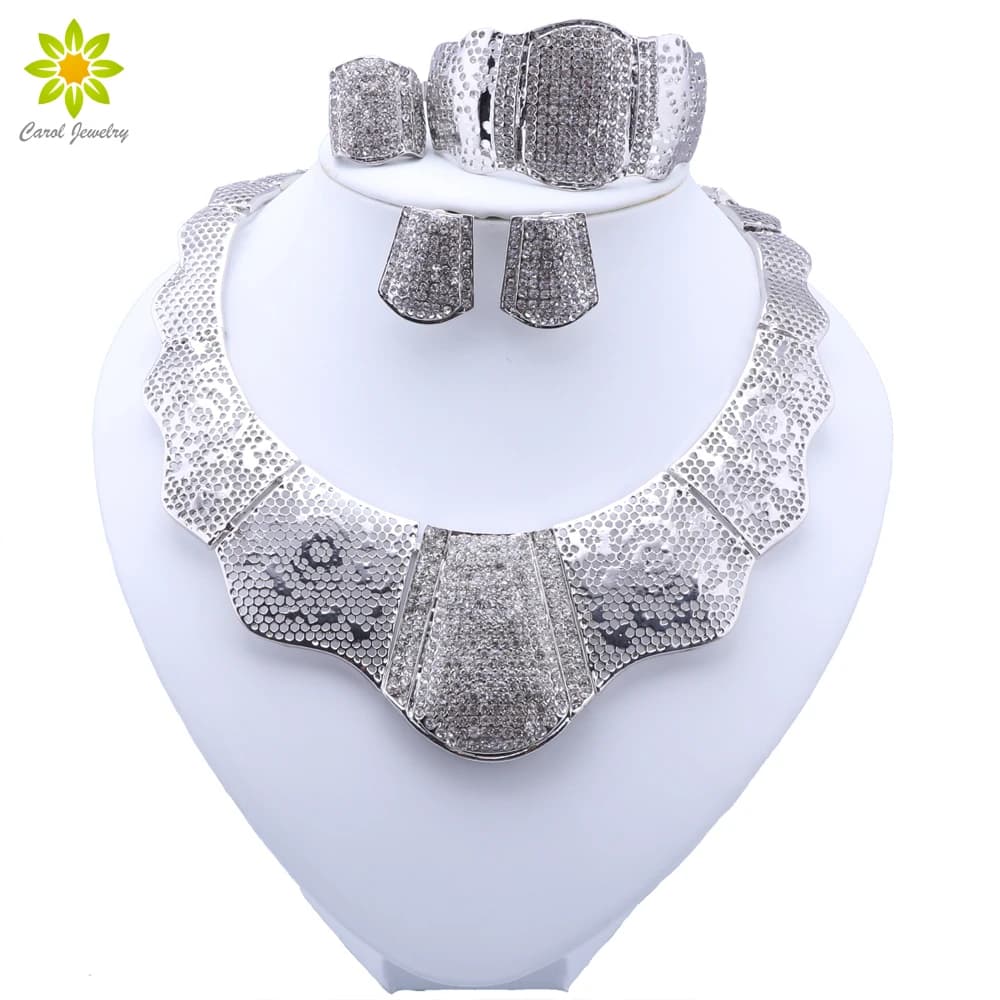 Fashion Silver Plated Wedding Jewelry Sets Crystal Choker Necklace Earrings Bracelet Ring Set Bridal Jewelry Set For Women