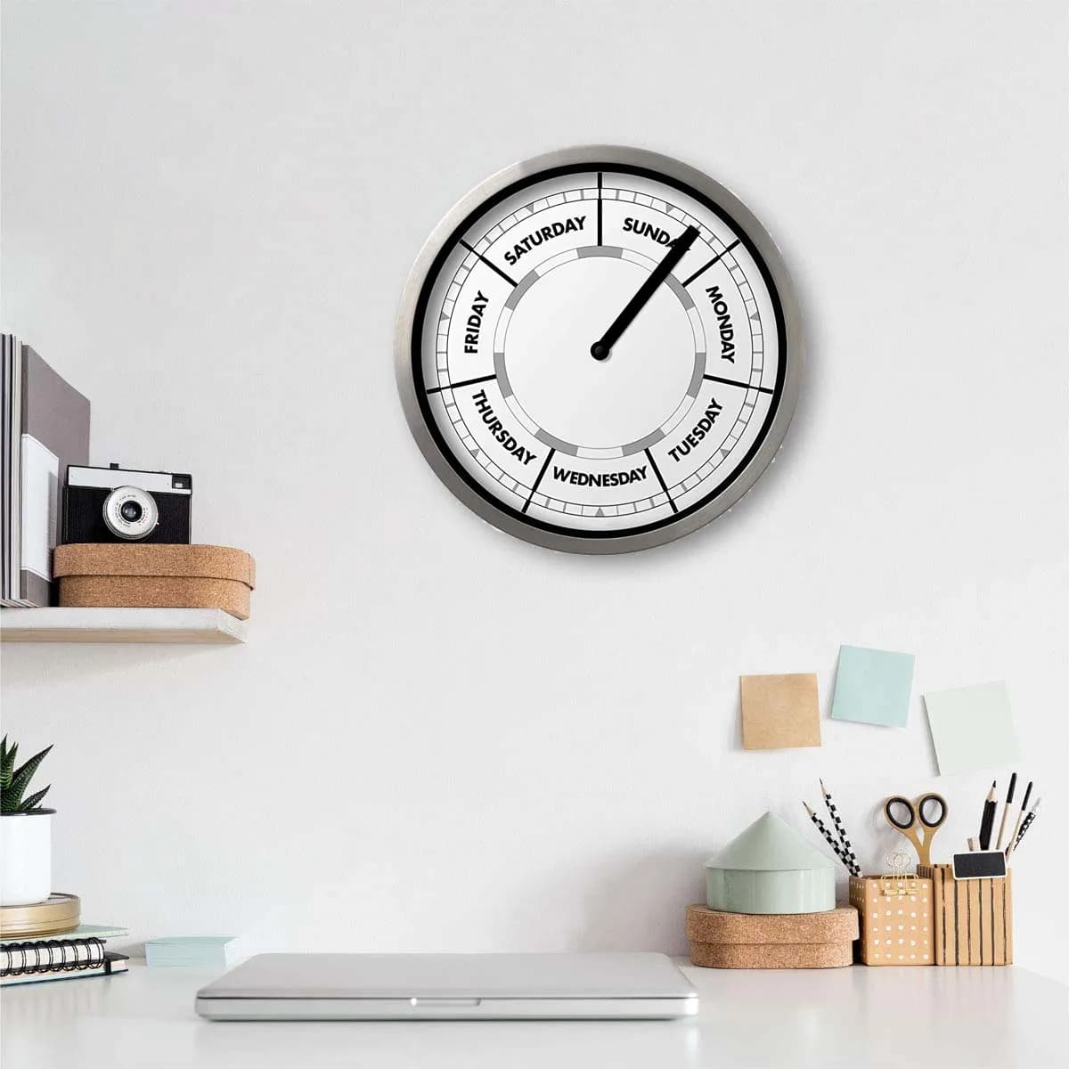 Classic Day-of-The-Week Wall Clock with Solid Aluminum-Round Frame – Weekly Clock with Noon & Midnight Markers – Quiet