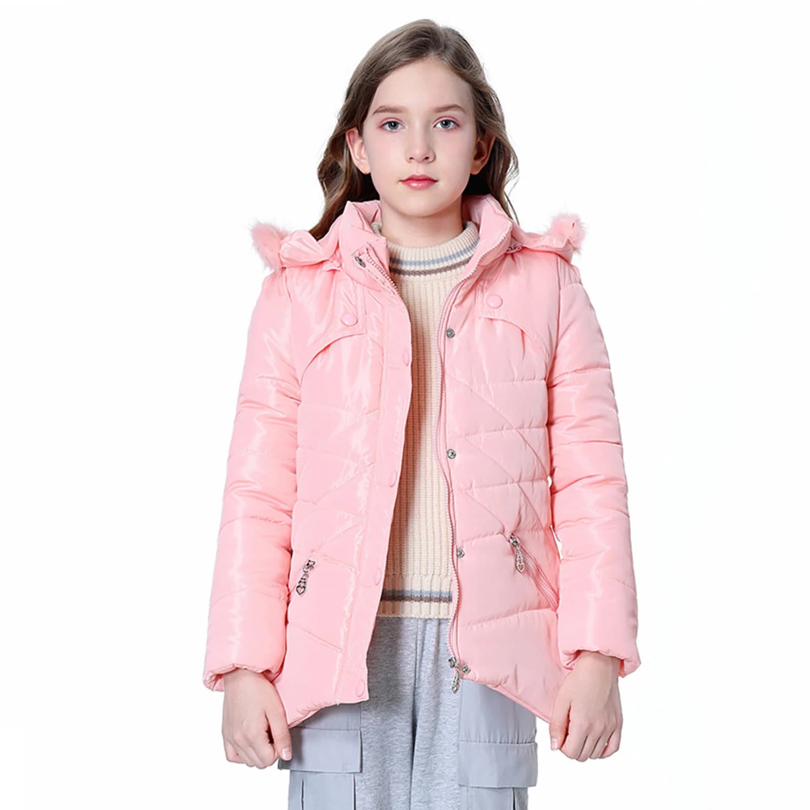 Girls Warm Jacket,Thick Cotton-Padded Coat,Fur Hoodies Kids Clothes,Waterproof Windproof Winter Children's Outerwear for 3-12Y