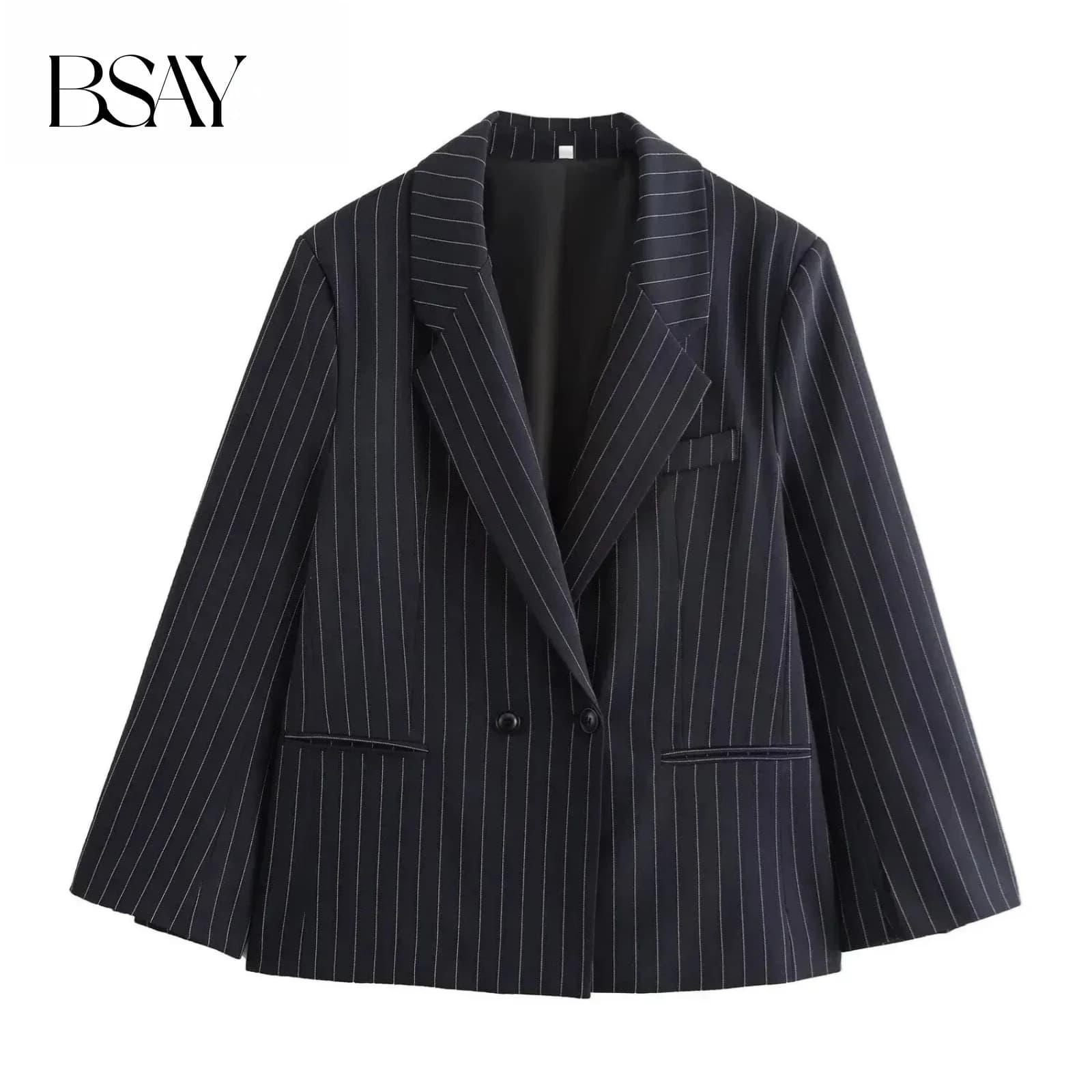 BSAY Blazers for Women Fashion Autumn Winter Loose Fine Stripes Long Sleeve Double-breasted Suits Jacket Chic Female Suit Coat