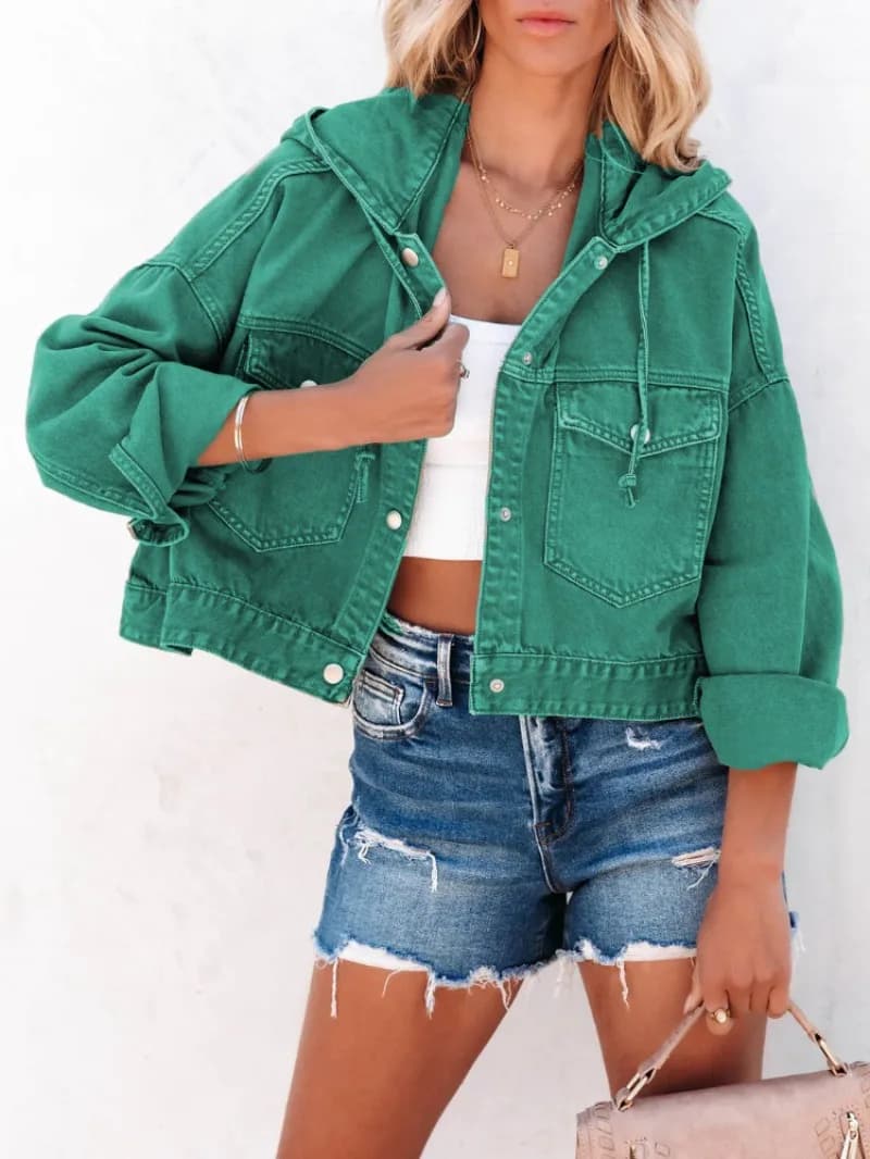 Women's Hooded Denim Jacket in Vintage Wash, Long Sleeve