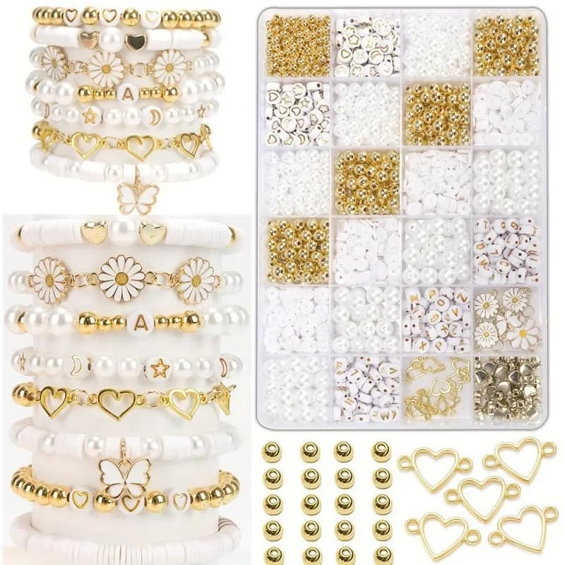 Clay Beads DIY Jewelry Making Kit, Simplistic Style Daisy Charms, Golden Spacer Beads, White Glossy Plastic Pearls & Alphabet