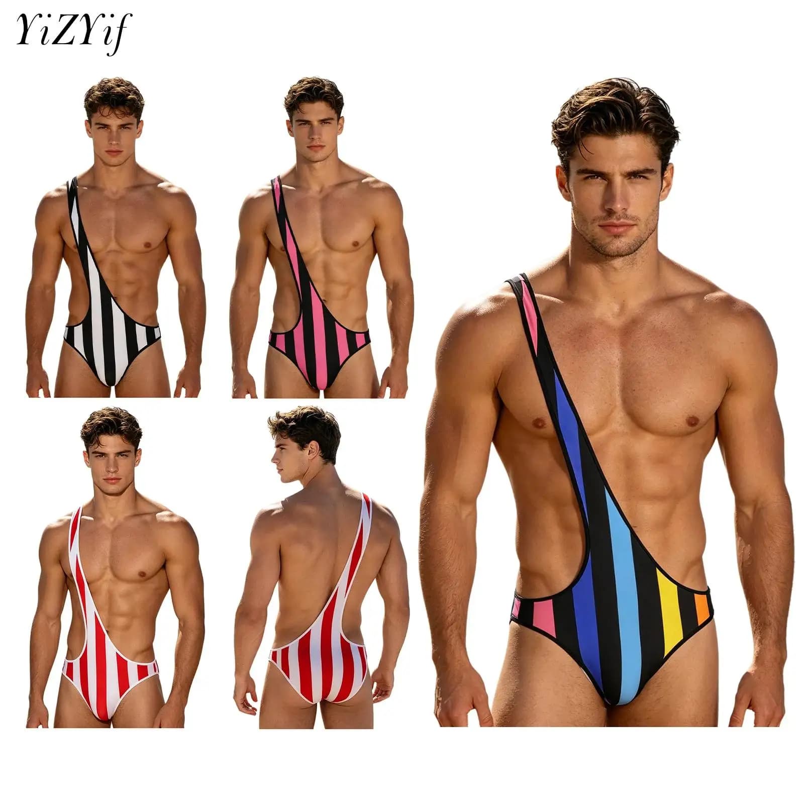 Mens Striped One Shoulder Bodysuit Mankini Thongs Swimsuit Quick-dry Hollow Out Underwear Jumpsuit Male Bathing Suit Swimwear