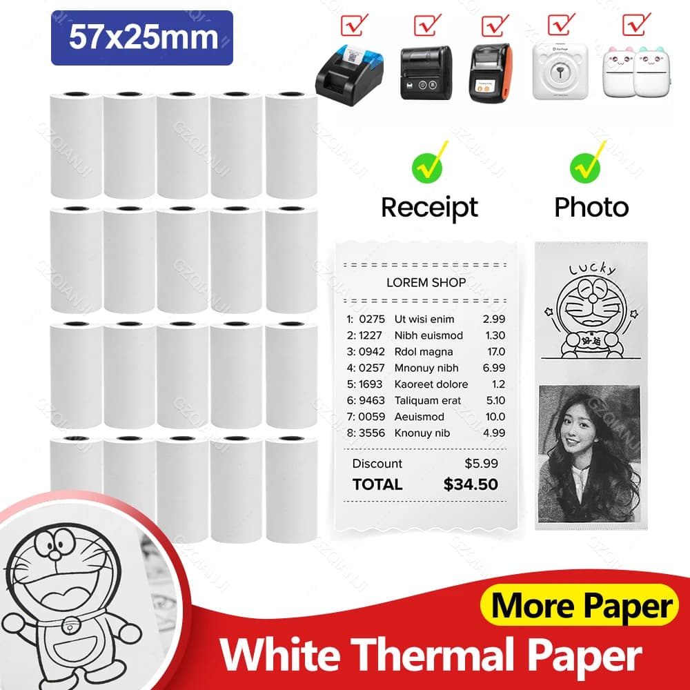 5~10 Pcs Mini Printer Paper 57*25mm Thermal Paper, White Paper Rolls For Portable Pocket Mobile Photo Receipt Printer Universal