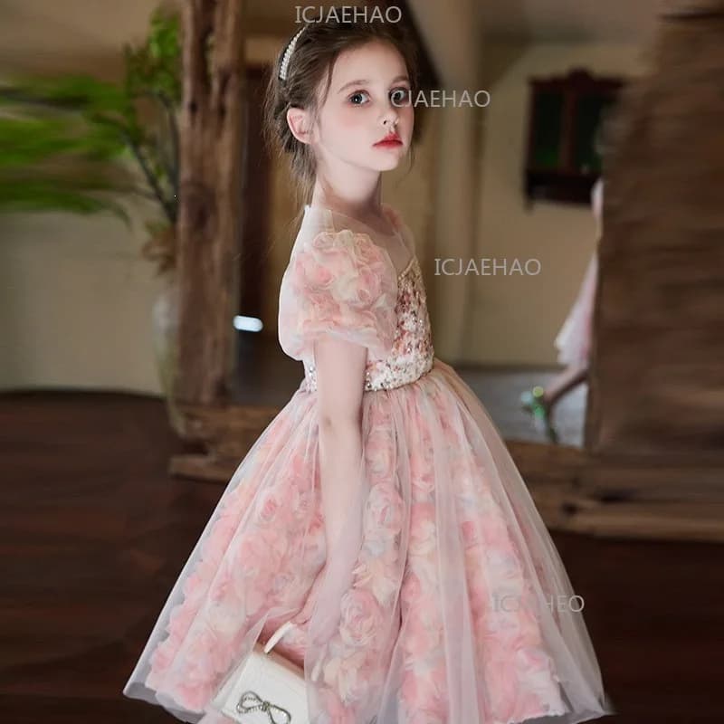 Girls Dress Little Girls Forest StyleFormal Gown 2026 New Summer Arrival Costume Pink Floral Birthday Princess Dress Stylish