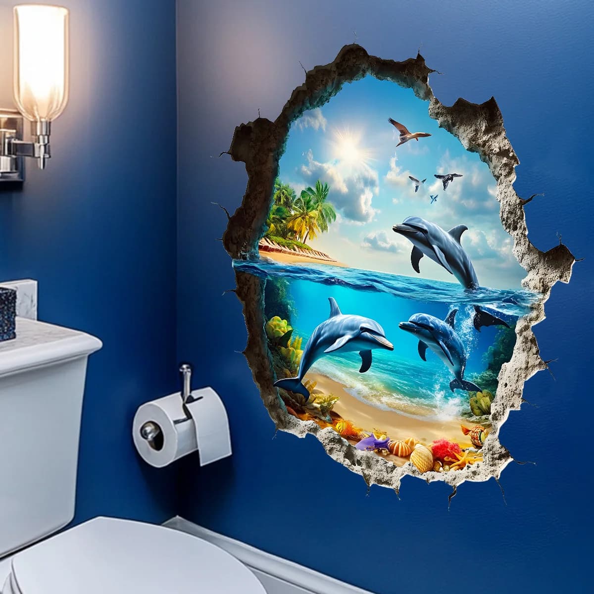 3D Wall Breaking Wall Stickers Living Room bathroom Wall Decor Boys Children's Room Underwater World Wall Stickers
