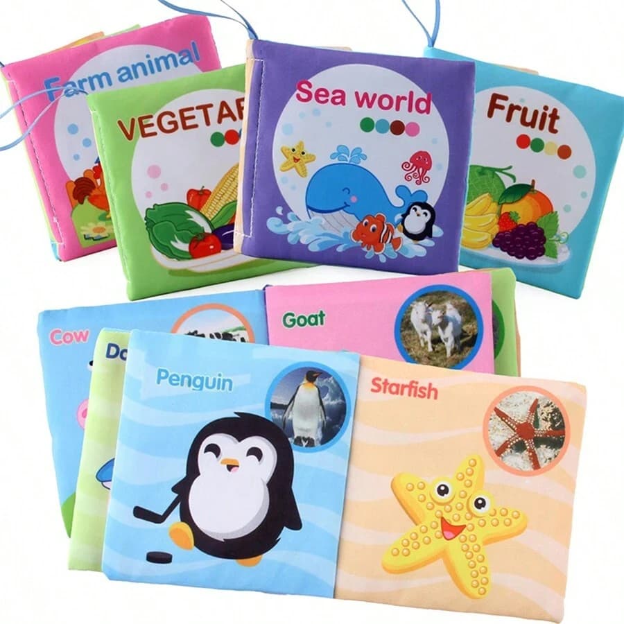 Washable Baby Cloth Book Set - BPA-Free Crinkle Sensory Toys with Teething Rings & Multi-Textured Pages for 0-12M Infant