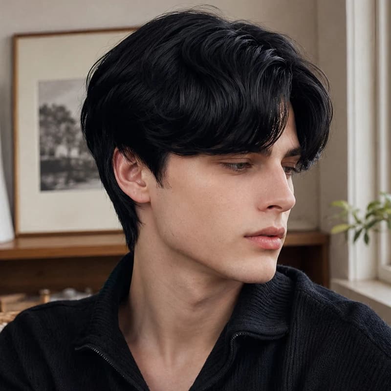 Synthetic material 8-inch black men's wig, natural layered short hair, creating a youthful everyday look.