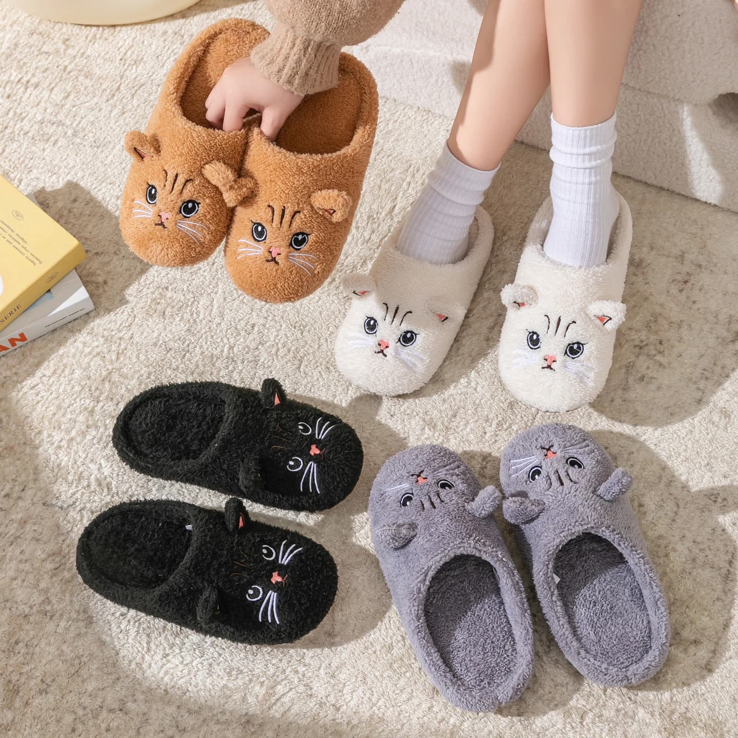Women's House Slippers, Cute Cartoon Plush Non-Slip Indoor Bedroom Floor Shoes, Warm & Cozy Home Footwear for Winter&Autumn