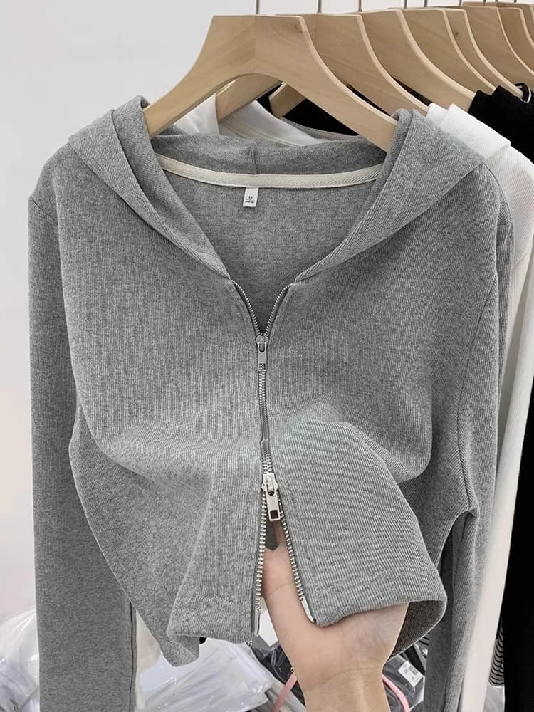 Women's Knitted Hat Jacket Double Zipper Design Short Style Spring Autumn Fashion Elastic Fiber Long Sleeve Color Top
