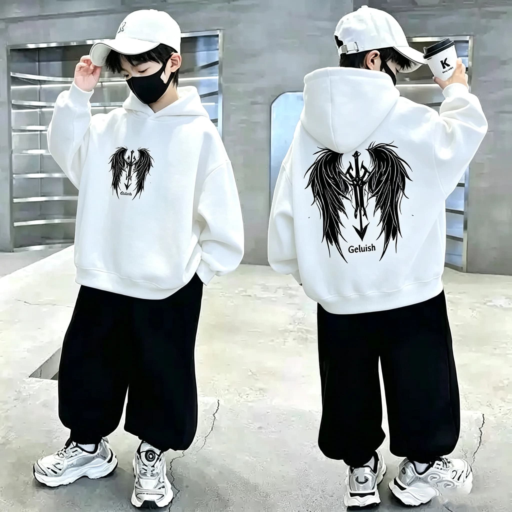 Boys Hoodie Streetwear Angel Wings Trident Print Kids Loose Hooded Sweatshirt Casual Teen Pullover