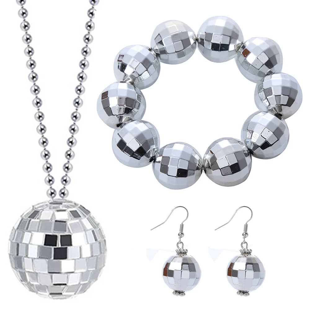 Disco Ball Costume Jewelry Decorations 1970s Silver Mirror Balls Bracelet Earrings 80s Necklace Rave Accessories for Women