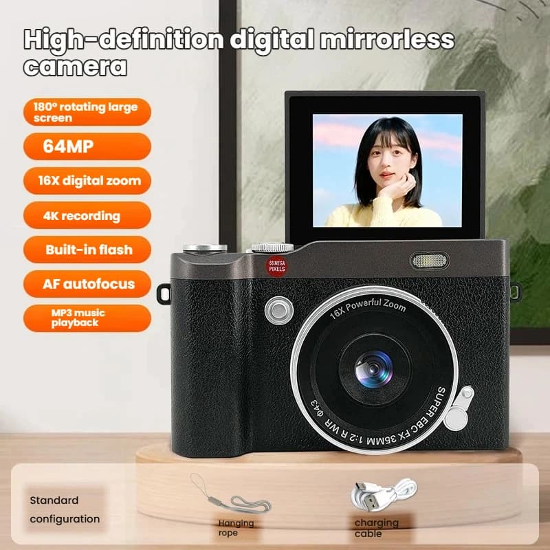 4K Digital Camera 16X Digital Zoom CCD Retro Video Recorder 2.4 Inch 180° Flip Screen Selfile Compact Digital Photography Camera