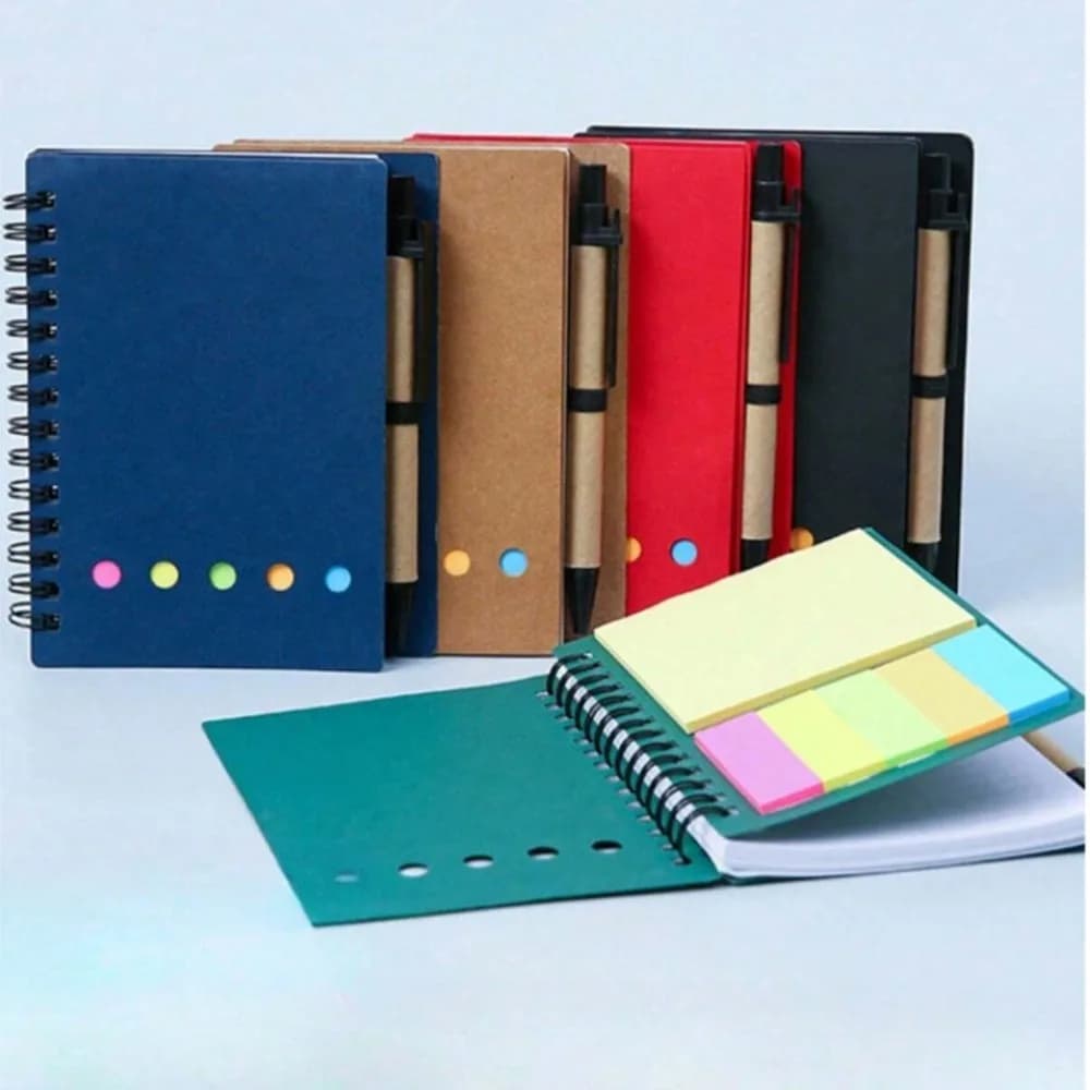 1 Set Spiral Notebook-Pocket Notepad with Pen Loop, Sticky Notes & Index Tabs, 4.1x5.3' Brown Paper Cover, Portable Lined Journa