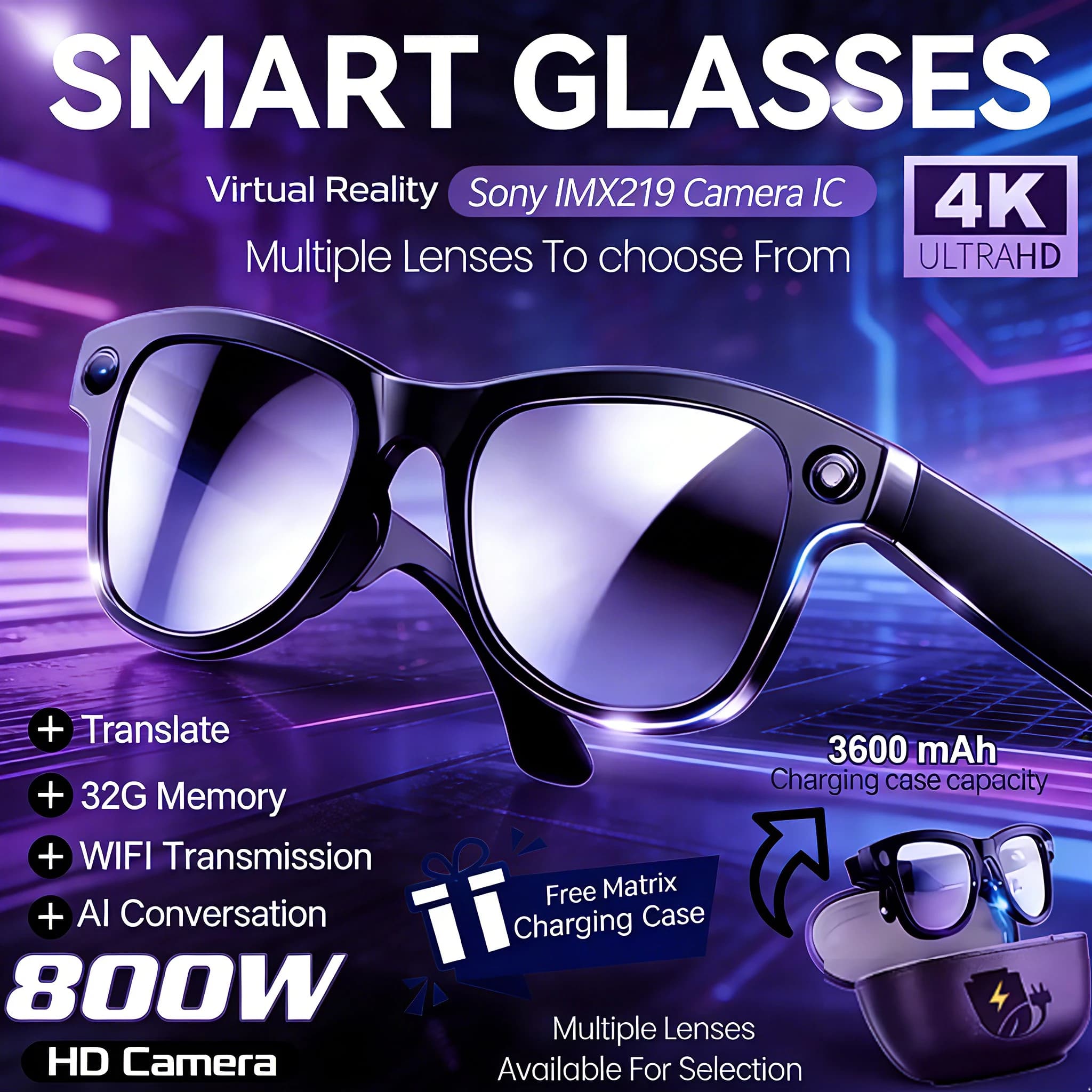 Smart AI Glasses 2026 8K Translator Photo Video Recording Music Playback With Charging Box SmartGlasses Sunglasses Men Women