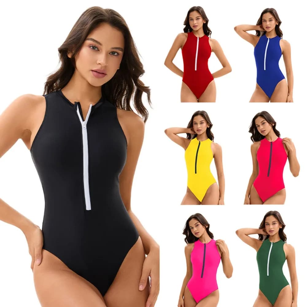 Sexy Women Bikinis Sleeveless Wetsuit One-Piece Swimsuit Half-Zip Design Beach Water Sports Swimwear
