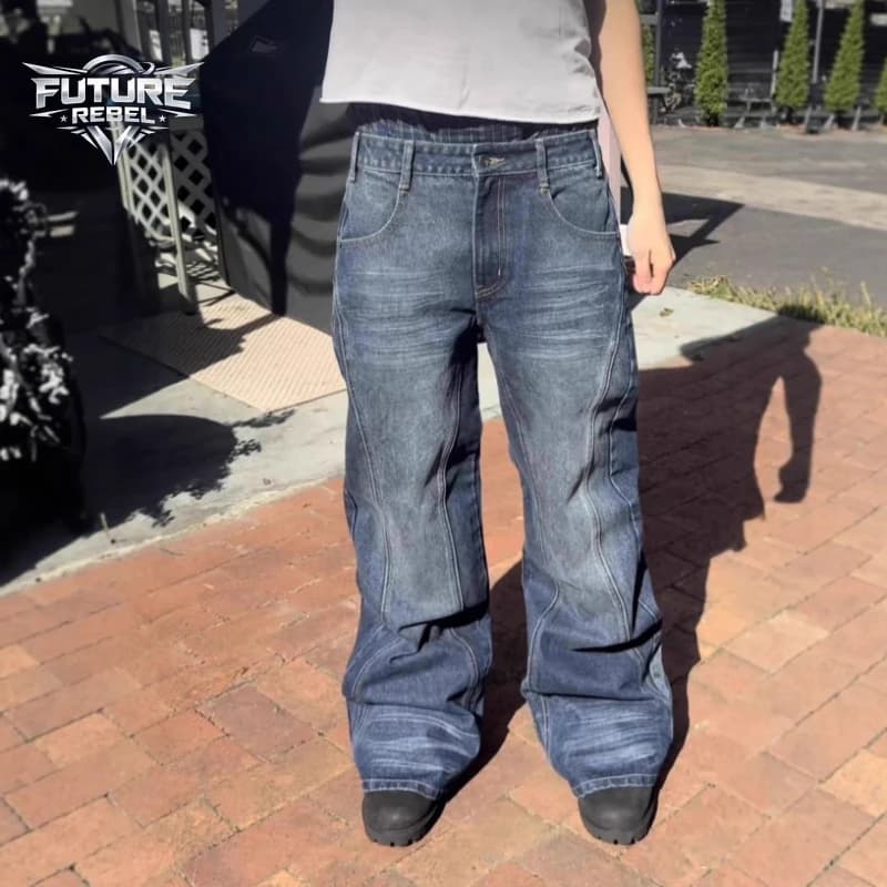Distressed Straight-Leg Jeans, Embroidered, Loose Fit