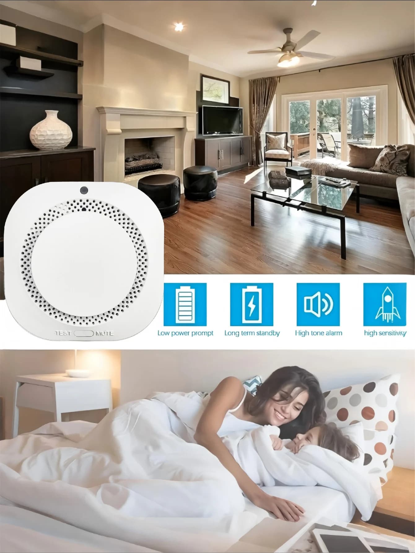 Wireless Smoke Alarm with Led Sound and Light Alarm, Low Battery Reminder, Home and Commercial Fire Protection Sensor (Battery Not Included)